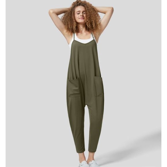 Halara Backless Multiple Pockets Ankle Length Work Tapered Jumpsuit Winter Moss - Picture 1 of 6